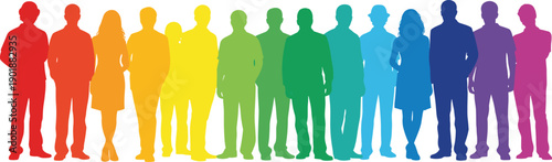 Colorful people silhouettes illustration, diverse group standing, business team crowd, community concept, rainbow human figures, vector background design
