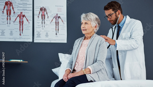 Tableau sur toile Old woman, doctor or stethoscope exam in hospital for lung assessment, heart health or checkup