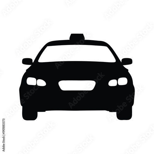 taxi at night with headlights silhouette vector illustration, Minimalist taxi cab front view with roof light silhouette vector illustration for transportation design
