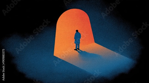 Wallpaper Mural Minimal illustration of a person walking toward a glowing doorway in darkness representing hope escape transition and the search for clarity during uncertain emotional periods Torontodigital.ca