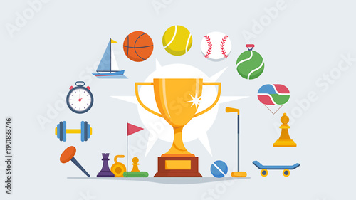 Sports Iconography: A vibrant collection of sports symbols, centered around a golden trophy, symbolizing the spirit of competition and the pursuit of victory. 