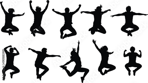 Jumping people silhouettes illustration, energetic youth poses collection, happy human figures, celebration action concept, black vector isolated background