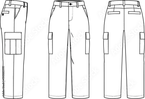 Mens cargo pants technical fashion flat sketch, front side back view, apparel CAD drawing, pocket details, stitching, vector illustration template