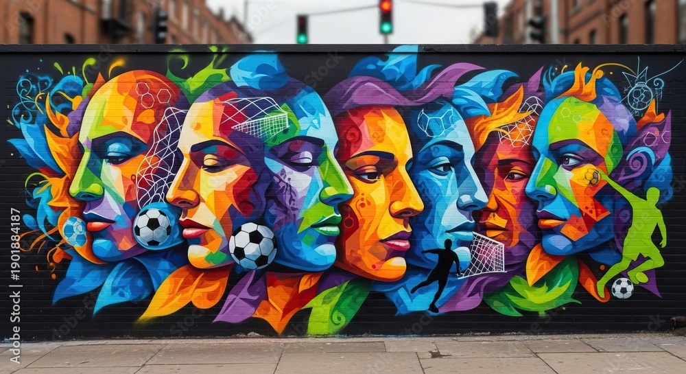 Fototapeta premium Colorful street mural of five diverse faces with soccer theme soccer football cup background download 2026 2027