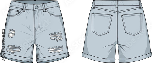 Mens distressed denim shorts technical fashion flat sketch, ripped jeans design, front back view, apparel CAD vector illustration template