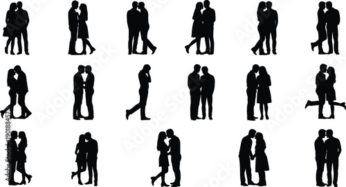 Romantic couple silhouettes illustration, loving pairs poses collection, kissing hugging people figures, relationship concept, black vector isolated background