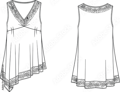 Womens embroidered tunic dress technical fashion flat sketch, sleeveless top design, front back view, apparel CAD vector illustration template