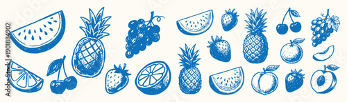 Fresh fruit collection includes pineapple, watermelon, and grapes in a blue ink illustration style.