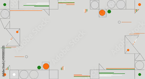 Abstract geometric design with circles, squares, triangles, and lines in orange, green, and grey on a light background, forming a decorative border.