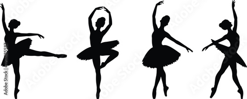Black silhouettes of ballerinas in classical ballet poses wearing tutu dresses, isolated on white background, elegant dance performance concept for theater, art, grace and movement.