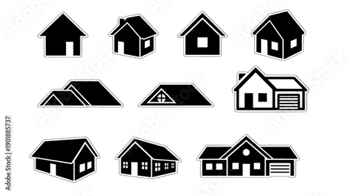 A black silhouette icon set featuring various house and home building designs.