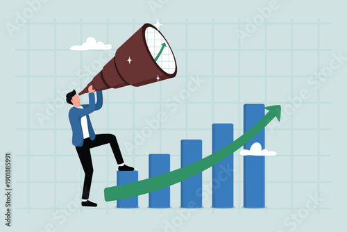 Business vision to increase investment or business, increase profits or the concept of increasing income, entrepreneurs look at the growth chart through a telescope.