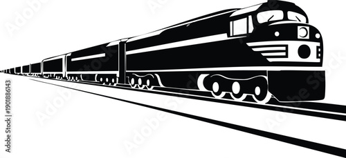 Minimalist Locomotive Vector Representing Logistics and Travel, Stylized Black and White Illustration of Rail Infrastructure, vector, illustration, silhouette.