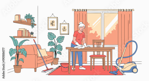 Elderly woman cleaning dining table and chair in living room, vector illustration