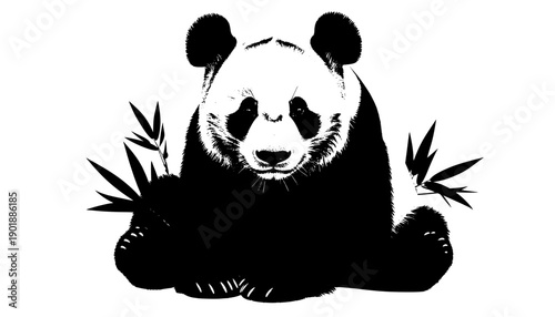 Stylized black-and-white panda sitting among bamboo stalks and leaves. Central forward-facing pose with legs spread, arms on knees. Solid gray background highlights contrast and iconic wildlife design