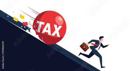 Business Man Running From Tax Ball Vector Illustration - Financial Stress and Economic Pressure Concept