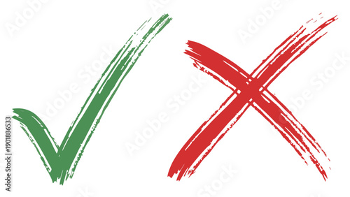 Hand Drawn Brush Stroke Green Check Mark and Red Cross Mark Symbol Set ,Grunge Style Vector Illustration of Positive Tick and Negative X Signs Isolated on White
