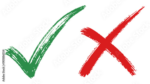 Hand Drawn Brush Stroke Green Check Mark and Red Cross Mark Symbol Set ,Grunge Style Vector Illustration of Positive Tick and Negative X Signs Isolated on White