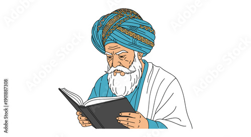 A colored illustration of a wise, elderly Muslim scholar with a white beard and a blue turban, intently reading a book.