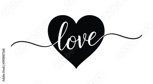A simple yet elegant black silhouette of a heart with the word 'love' written in a beautiful calligraphic script that extends outside the shape.