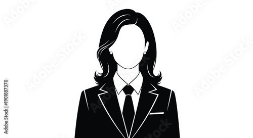 A professional black and white silhouette icon of a businesswoman with styled hair, wearing a suit, shirt, and tie, for a corporate profile avatar.