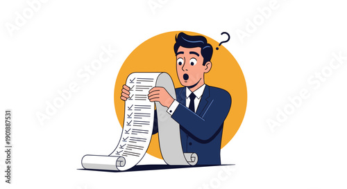 A cartoon businessman with a shocked expression reading an impossibly long to-do list or bill, with a question mark above his head.