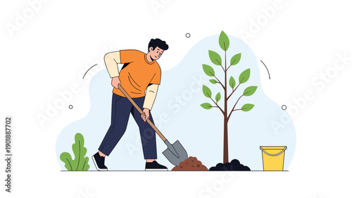 Dedicated young man actively plants a new tree using a shovel, with a yellow bucket nearby, promoting environmental conservation and nature.