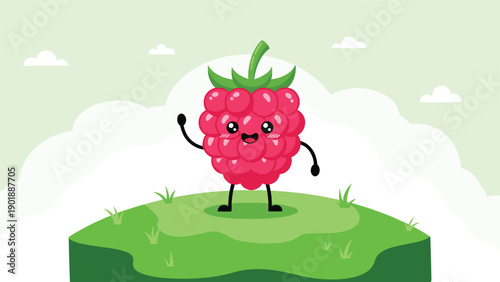Adorable cartoon raspberry character with a happy smiling face and small arms stands on a vibrant green grassy hill waving, set against a bright blue sky.