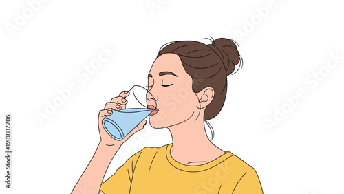 Serene young woman with brown hair in a bun and a yellow t-shirt, drinks refreshing water from a glass with eyes closed, emphasizing hydration.