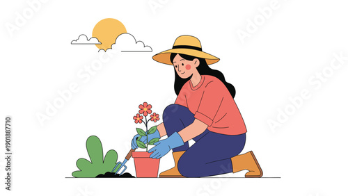 Happy woman in a straw hat and gloves, kneels to plant flowers in a pot using a trowel, with sun and clouds in the sky, enjoying her gardening hobby.
