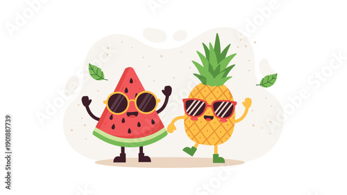 Adorable cartoon fruit characters, a watermelon slice and a pineapple, happily wearing sunglasses, standing on a light, abstract background, depicting summer.