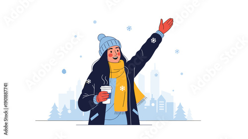 Cheerful young woman in warm winter attire, holding a coffee cup and waving happily, surrounded by snowflakes with a city skyline backdrop.