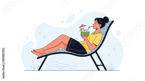 Serene young woman comfortably reclines on a beach chair, blissfully enjoying a refreshing coconut drink with a straw, embodying vacation and relaxation.