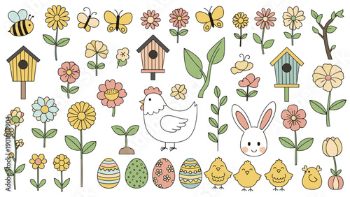 Extensive collection of charming doodle-style spring and Easter elements, featuring birds, bees, butterflies, flowers, colorful eggs, a chicken, and a bunny.