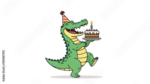 Cheerful cartoon crocodile wearing a festive party hat, happily walks while holding a delicious birthday cake adorned with a lit candle.