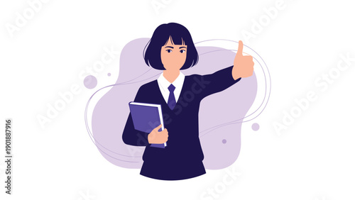 Confident and professional businesswoman with short dark hair, wearing a sleek suit and tie, holds a folder and gives an encouraging thumbs up.