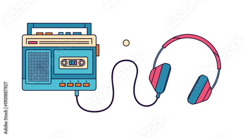 Nostalgic illustration of a retro boombox cassette player, elegantly connected to a vibrant pair of headphones, depicting vintage audio technology.