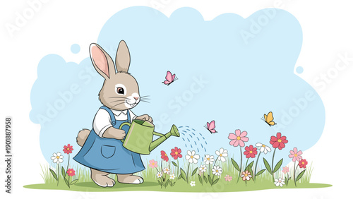Adorable cartoon bunny wearing charming overalls, diligently watering colorful flowers in a lush garden with a green watering can, as delicate butterflies flutter.