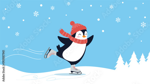 Adorable cartoon penguin wearing a festive hat and cozy scarf, happily ice skating on a snowy ground, surrounded by pine trees and falling snowflakes.
