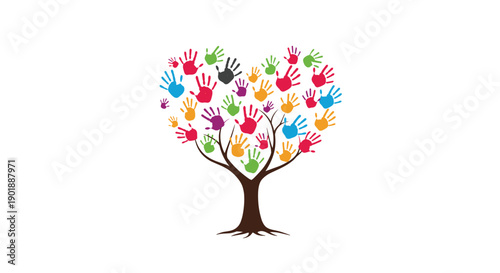 A symbolic illustration of a tree with a heart-shaped canopy made of colorful handprints, representing community, diversity, and growth.