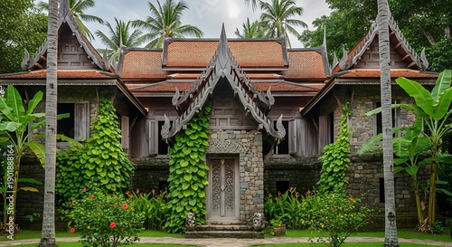 Wallpaper Mural Exterior View of a Traditional Thai House Surrounded by Lush Greenery. Torontodigital.ca