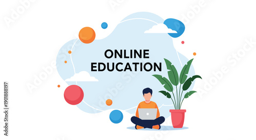 A modern flat design concept for online education, showing a young man sitting with a laptop amidst abstract shapes and a potted plant.