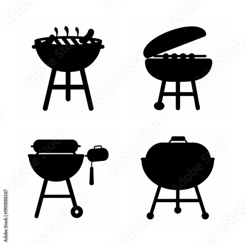 Four stylish black silhouettes of barbecue grills with different features displayed