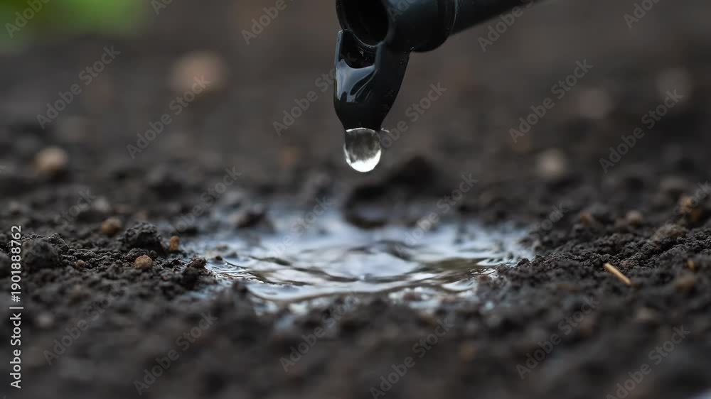 custom made wallpaper toronto digitalA single water droplet falls from a black drip irrigation emitter, slowly soaking into the dark, rich soil, highlighting efficient water use in agriculture and gardening.