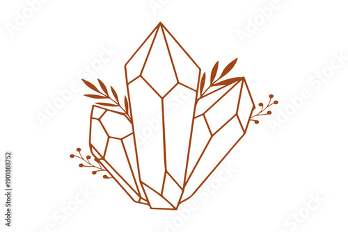  three geometric crystal outlines with small leaves and branches, minimalist line art design