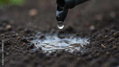 Wallpaper Mural A single water droplet falls from a black drip irrigation emitter, slowly soaking into the dark, rich soil, highlighting efficient water use in agriculture and gardening. Torontodigital.ca