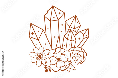 bohemian crystal cluster with delicate flowers line art illustration for spiritual and mystical design concepts