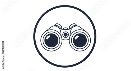 Simple black and white line icon of binoculars enclosed within a circle, symbolizing search, discovery, and observation.
