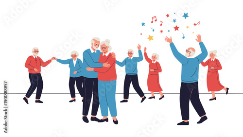 Joyful group of diverse elderly people happily dancing and socializing together, celebrating friendship and active senior living.