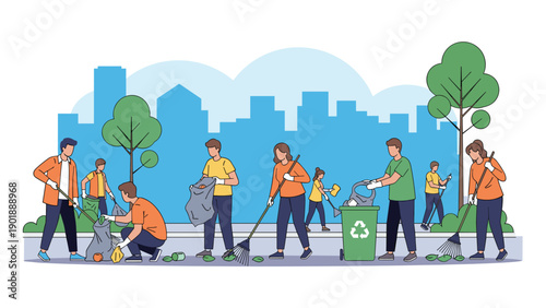 Dedicated group of diverse volunteers actively participates in a community cleanup event, collecting trash and tidying a city park.